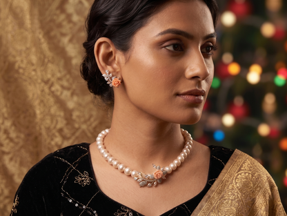 Pearl Necklace Set with Orange Floral Pendant