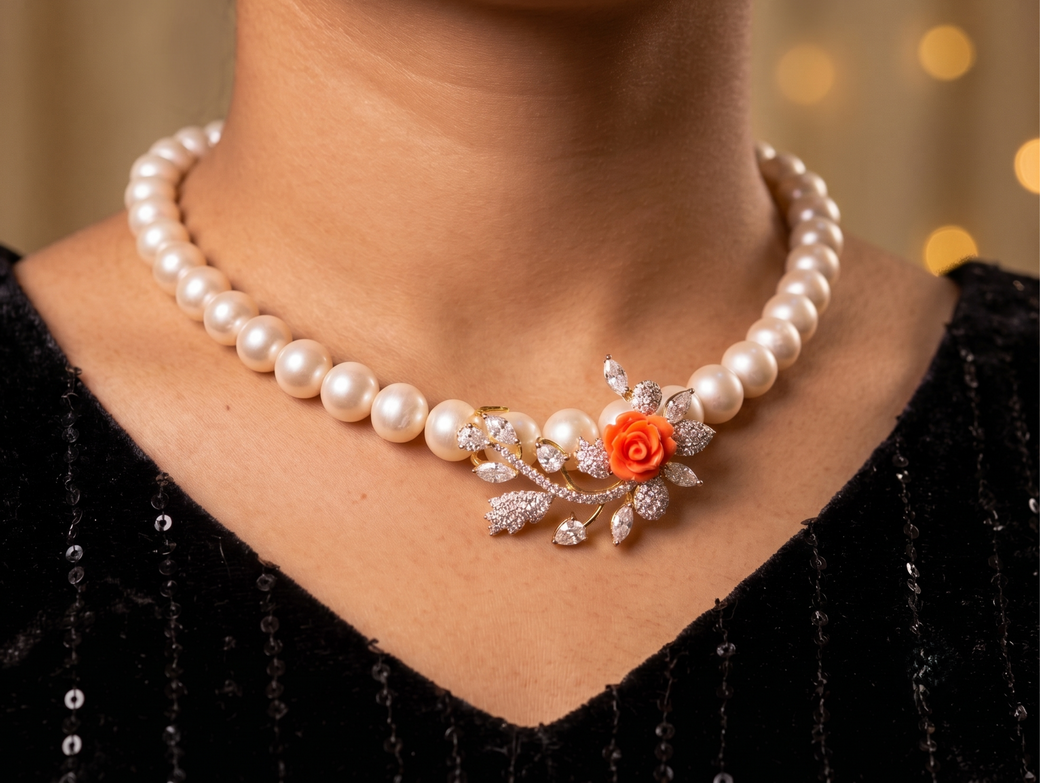 Pearl Necklace Set with Orange Floral Pendant