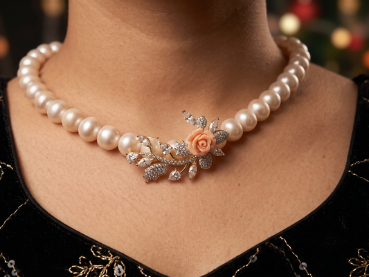 Pearl Necklace Set with Orange Floral Pendant