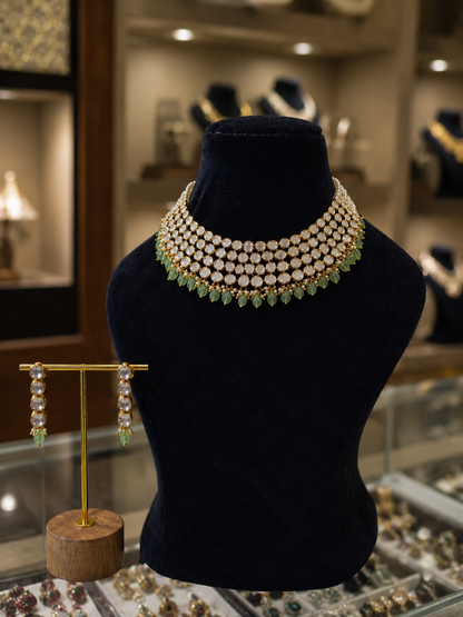 Premium Kundan Polki Choker Necklace Set with Green Beads for Bridal Wedding Jewellery