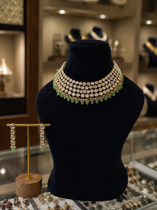 Premium Kundan Polki Choker Necklace Set with Green Beads for Bridal Wedding Jewellery