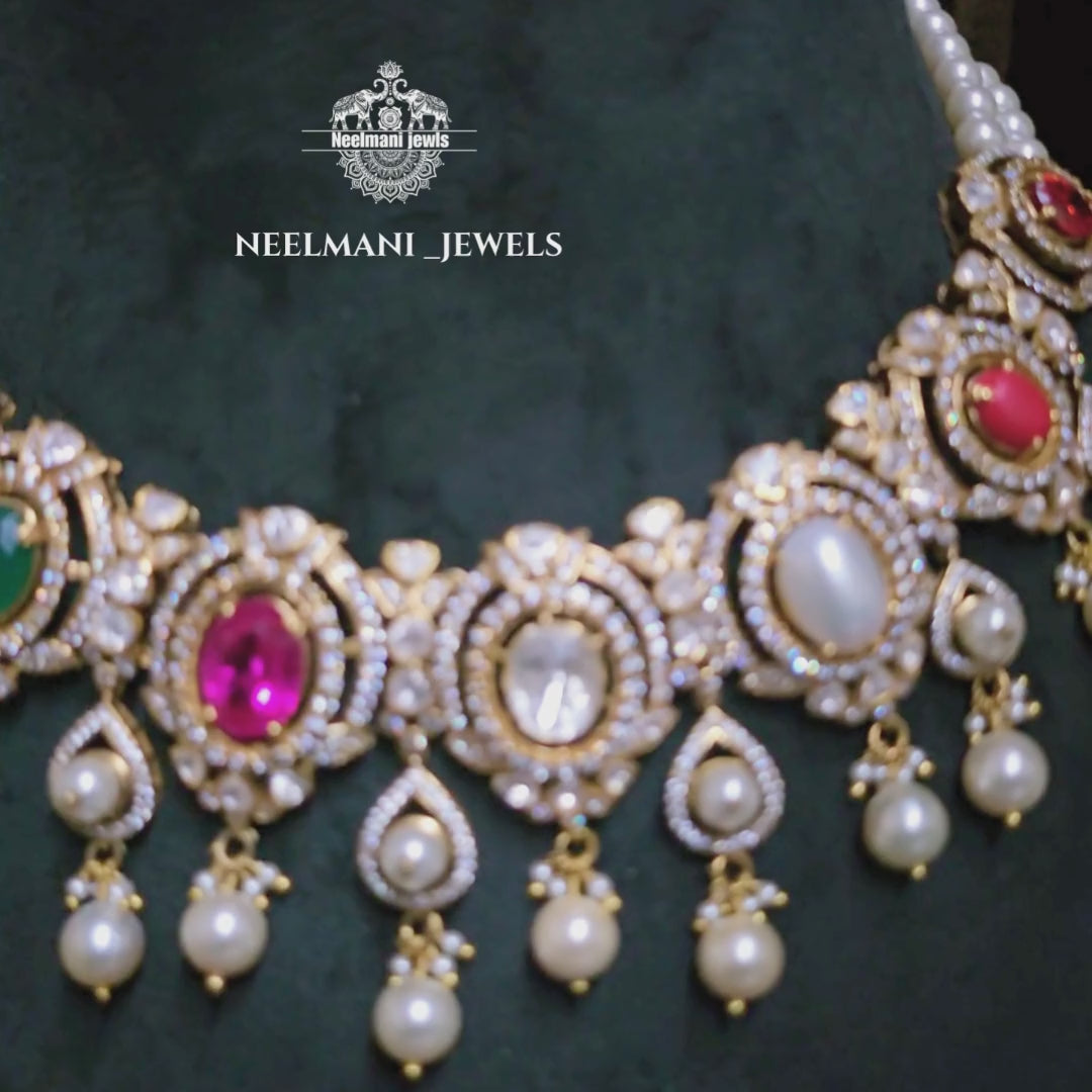 navratan necklace set, navratna jewelry set, traditional necklace set for women, multicolor stone necklace, wedding jewelry set, festive wear jewelry.