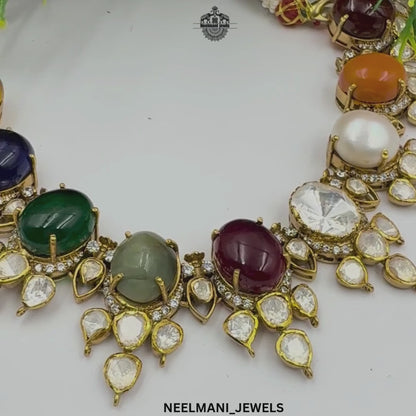 Navratna bridal necklace set with multicolor gemstones, Kundan Polki design