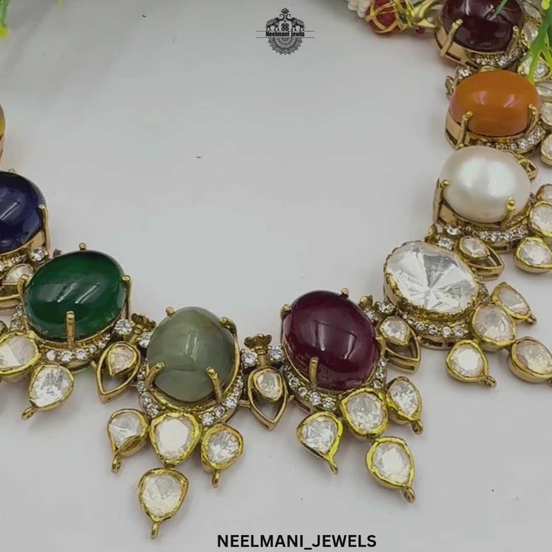 Navratna bridal necklace set with multicolor gemstones, Kundan Polki design