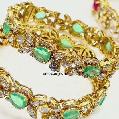 Moissanite green polki bangle