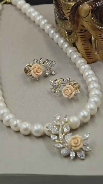 Pearl Necklace Set with Orange Floral Pendant