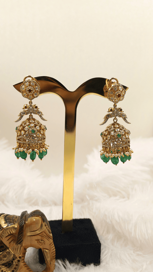 Floral AD Jhumka Earrings with Green Bead Drops